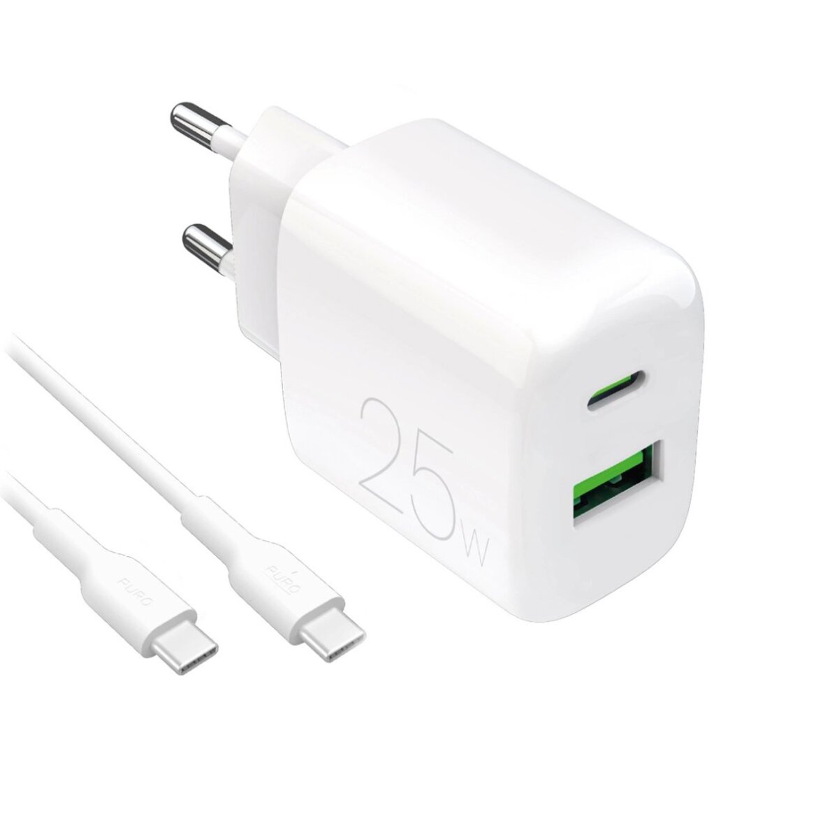 Sieninis įkroviklis Puro ProLite 25W USB-A / USB-C + USB-C – USB-C laidas 1.2m – baltas Sieninis įkroviklis Puro ProLite 25W USB-A / USB-C + USB-C – USB-C laidas 1.2m – baltas