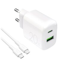 Sieninis įkroviklis Puro ProLite 20W USB-A / USB-C + USB-C – USB-C laidas 1.2m – baltas