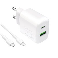 Sieninis įkroviklis Puro ProLite 25W USB-A / USB-C + USB-C – USB-C laidas 1.2m – baltas