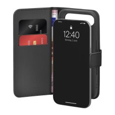 iPhone 17 Air Puro Wallet Stand dėklas iš eko odos su atvartu, pinigine ir stovu – juodas
