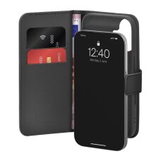 iPhone 17 Puro Wallet Stand dėklas iš eko odos, su atvartu, pinigine ir stovu – juodas