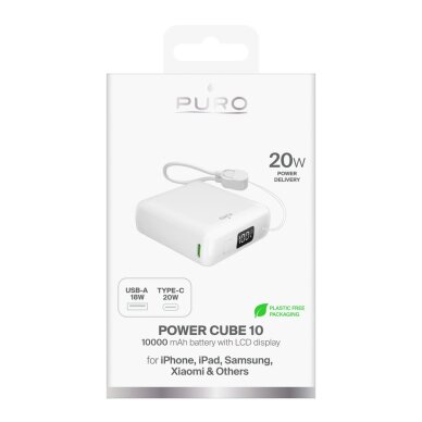 Išorinė baterija Powerbank Puro 10000mAh 20W USB-C / USB-A su ekranu ir integruotu USB-C laidu – balta 1 Išorinė baterija Powerbank Puro 10000mAh 20W USB-C / USB-A su ekranu ir integruotu USB-C laidu – balta 1