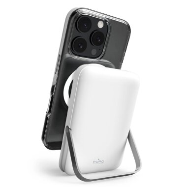 Išorinė baterija Powerbank Puro 10000mAh belaidė MagSafe su aliuminio stovu – balta