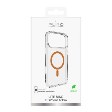 iPhone 17 Pro Puro Lite Mag TPU+PC dėklas su MagSafe – permatomas su oranžiniu rėmeliu 1