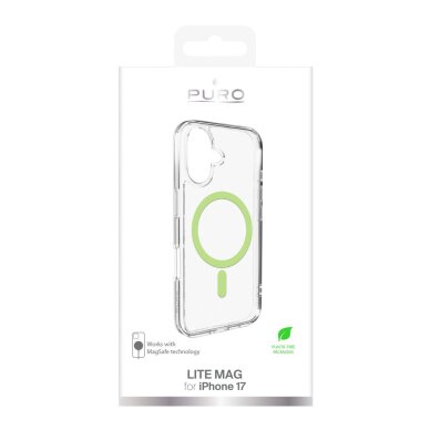 iPhone 17 Puro Lite Mag TPU+PC dėklas su MagSafe – permatomas su žaliu rėmeliu 1