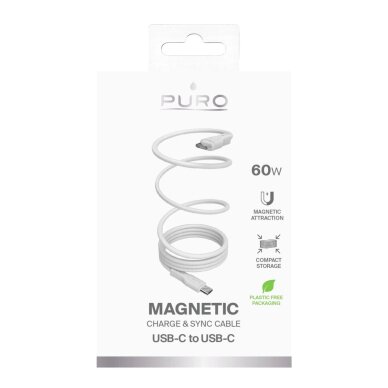 Laidas Puro Magnetic USB-C – USB-C 60W USB 3.2 (20Gbps) magnetinis 1m – baltas 1