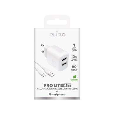 Sieninis įkroviklis Puro ProLite 10W 2x USB-A + USB-A – USB-C laidas 1.2m – baltas 1