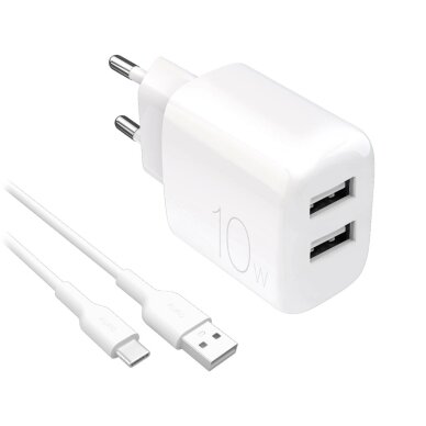 Sieninis įkroviklis Puro ProLite 10W 2x USB-A + USB-A – USB-C laidas 1.2m – baltas