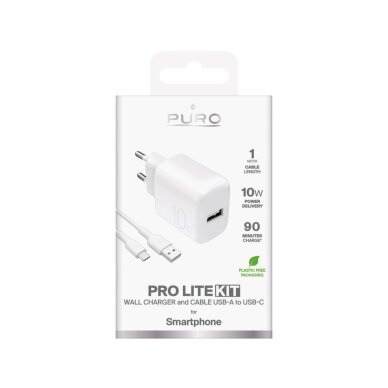Sieninis įkroviklis Puro ProLite 10W USB-A + USB-A – USB-C laidas 1.2m – baltas 1 Sieninis įkroviklis Puro ProLite 10W USB-A + USB-A – USB-C laidas 1.2m – baltas 1