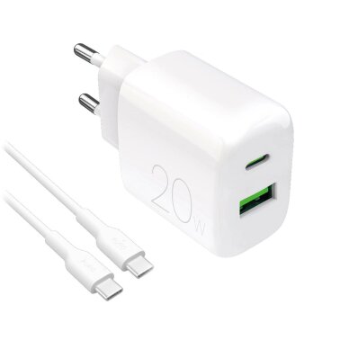 Sieninis įkroviklis Puro ProLite 20W USB-A / USB-C + USB-C – USB-C laidas 1.2m – baltas Sieninis įkroviklis Puro ProLite 20W USB-A / USB-C + USB-C – USB-C laidas 1.2m – baltas