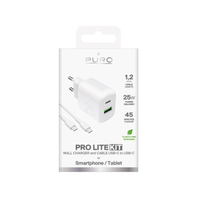 Sieninis įkroviklis Puro ProLite 25W USB-A / USB-C + USB-C – USB-C laidas 1.2m – baltas 1 Sieninis įkroviklis Puro ProLite 25W USB-A / USB-C + USB-C – USB-C laidas 1.2m – baltas 1