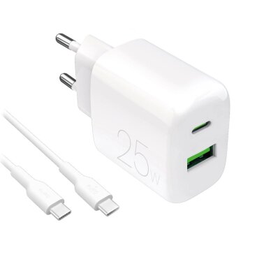 Sieninis įkroviklis Puro ProLite 25W USB-A / USB-C + USB-C – USB-C laidas 1.2m – baltas