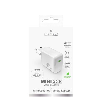 Sieninis įkroviklis Puro Super Mini 45W PD GaN USB-C – baltas 1 Sieninis įkroviklis Puro Super Mini 45W PD GaN USB-C – baltas 1
