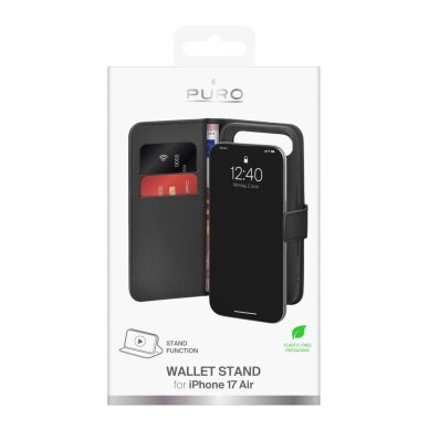 iPhone 17 Air Puro Wallet Stand dėklas iš eko odos su atvartu, pinigine ir stovu – juodas 1