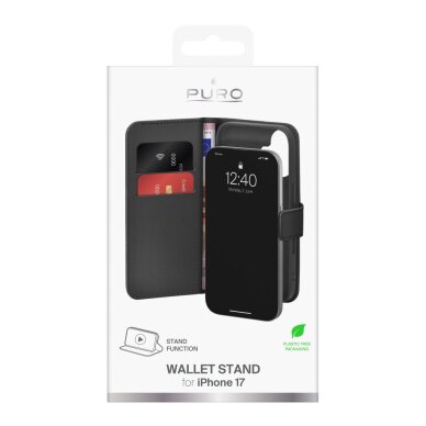 iPhone 17 Puro Wallet Stand dėklas iš eko odos, su atvartu, pinigine ir stovu – juodas 1