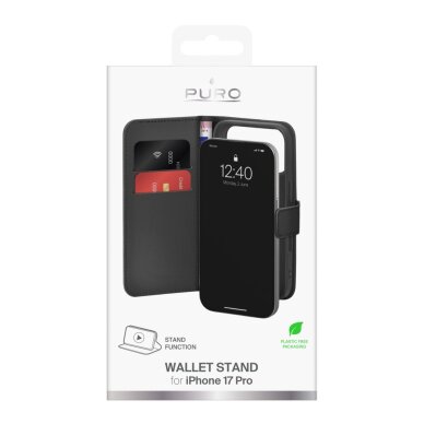 iPhone 17 Pro Puro Wallet Stand dėklas iš eko odos, su atvartu, pinigine ir stovu – juodas 1