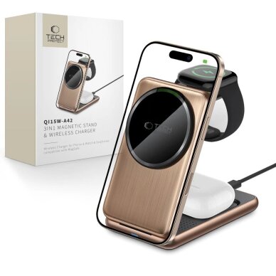 Įkroviklis QI15W-A42 3in1 indukcinis su MagSafe, skirtas Apple įrenginiams – auksinis Įkroviklis QI15W-A42 3in1 indukcinis su MagSafe, skirtas Apple įrenginiams – auksinis