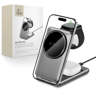 Įkroviklis QI15W-A42 3in1 indukcinis su MagSafe, skirtas Apple įrenginiams – pilkas Įkroviklis QI15W-A42 3in1 indukcinis su MagSafe, skirtas Apple įrenginiams – pilkas