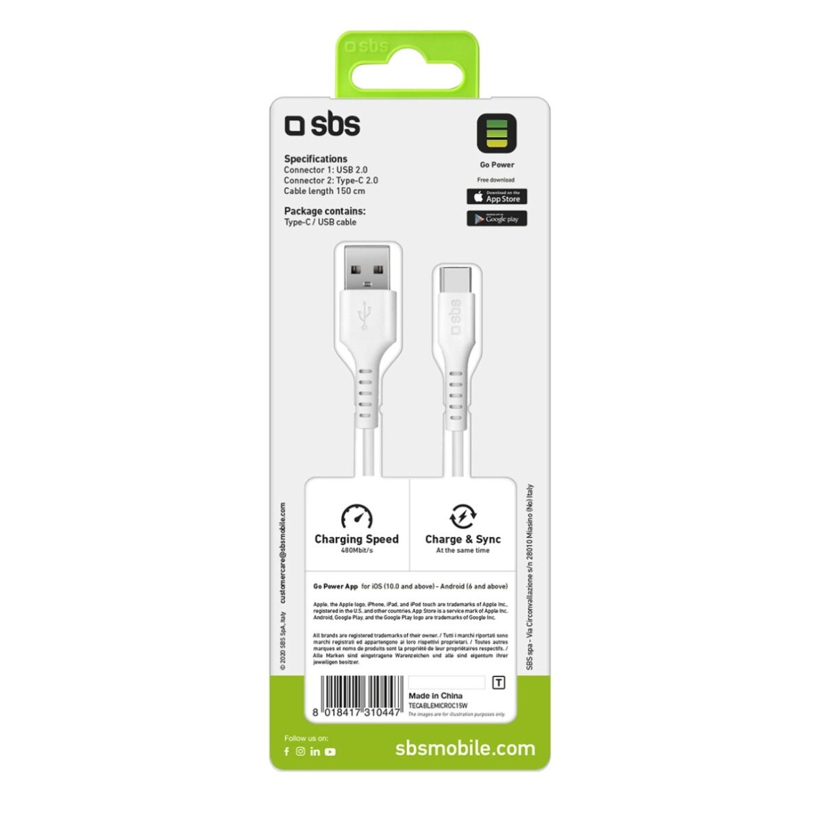 Krovimo kabelis SBS TECABLEMICROC15W USB-A - USB-C 1.5m – baltas 1