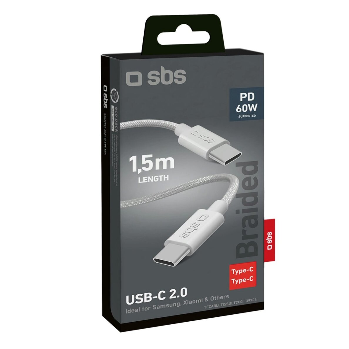 Krovimo kabelis SBS TECABLETISSUETCCG USB-C - USB-C 1.5m 60W pintas – pilkas 1
