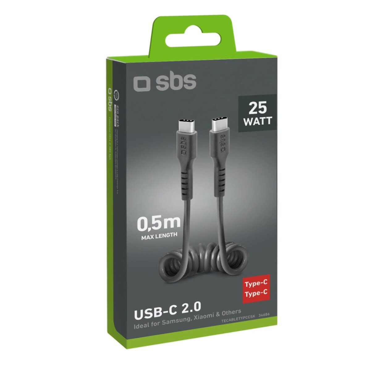 Krovimo kabelis SBS TECABLETYPCCSK USB-C spiralinis - USB-C 0.5m – juodas 1 Krovimo kabelis SBS TECABLETYPCCSK USB-C spiralinis - USB-C 0.5m – juodas 1