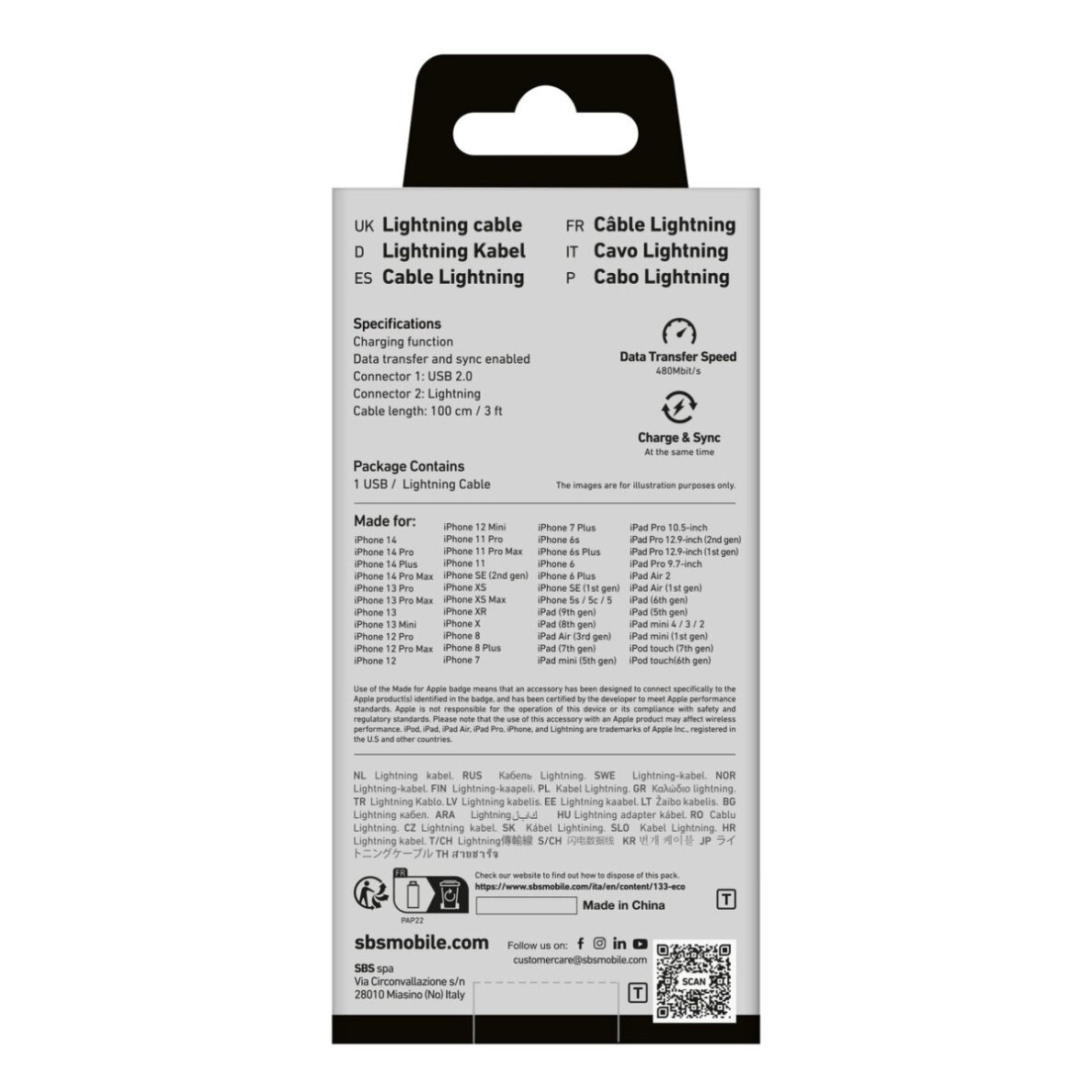 Krovimo kabelis SBS TECABLEUSBIP589A USB-A - Lightning – mėlynas 1 Krovimo kabelis SBS TECABLEUSBIP589A USB-A - Lightning – mėlynas 1