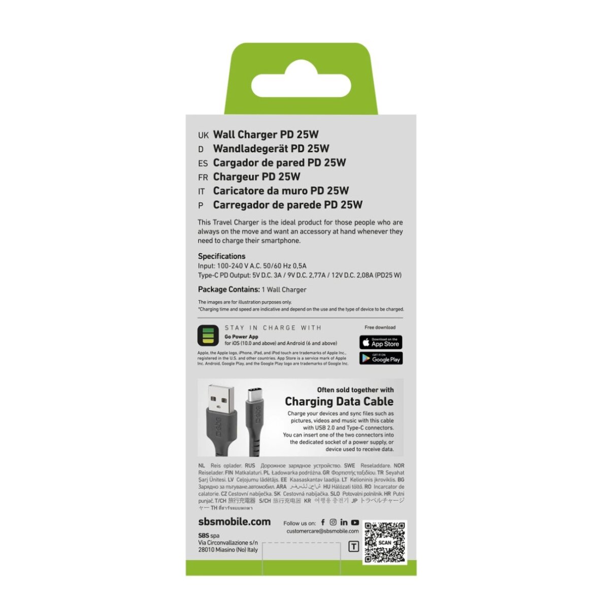 Sieninis įkroviklis SBS TETR1CPD25 25W USB-C su Power Delivery – juodas 1