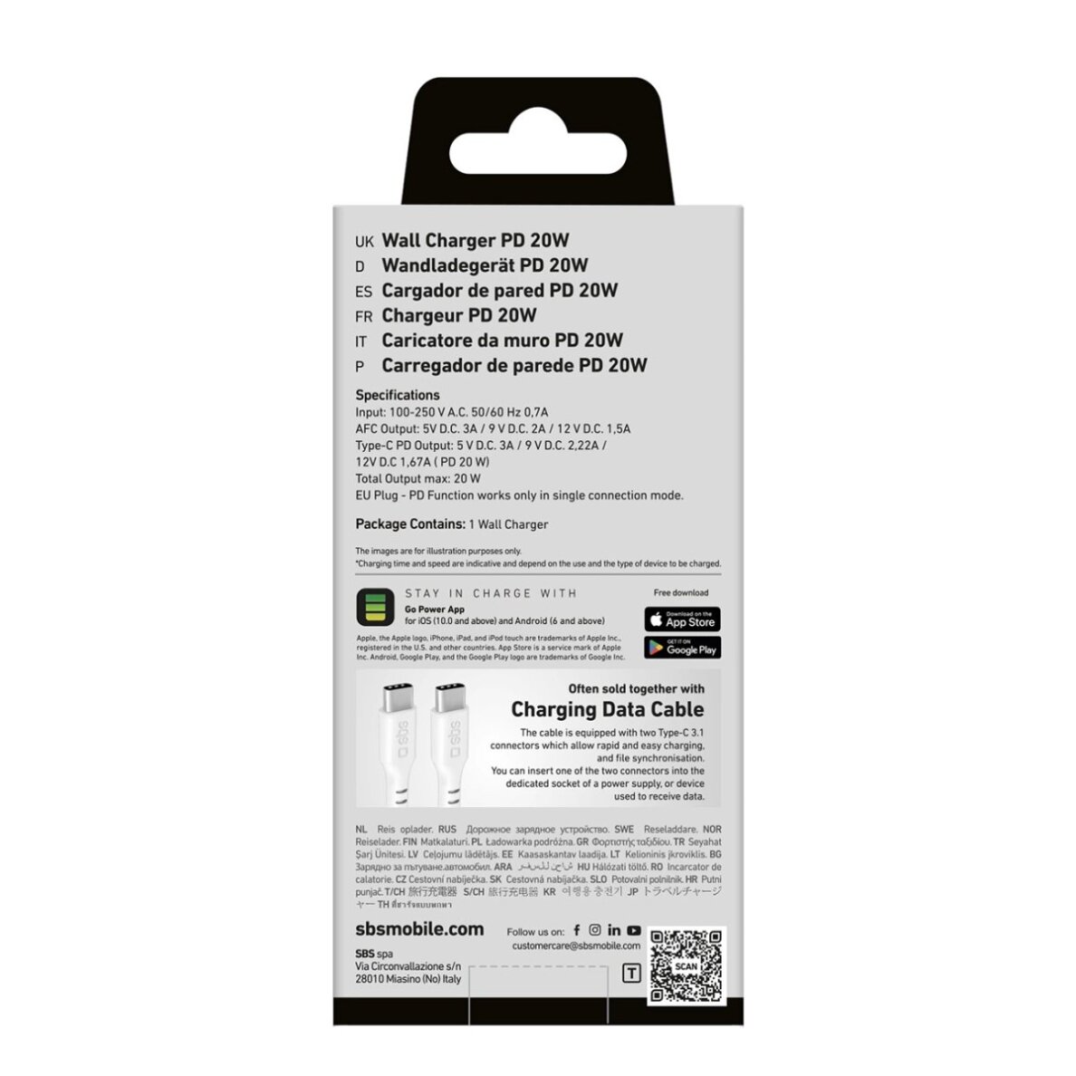 Sieninis įkroviklis SBS TETRPD20W 20W USB-A / USB-C su Power Delivery – baltas 1