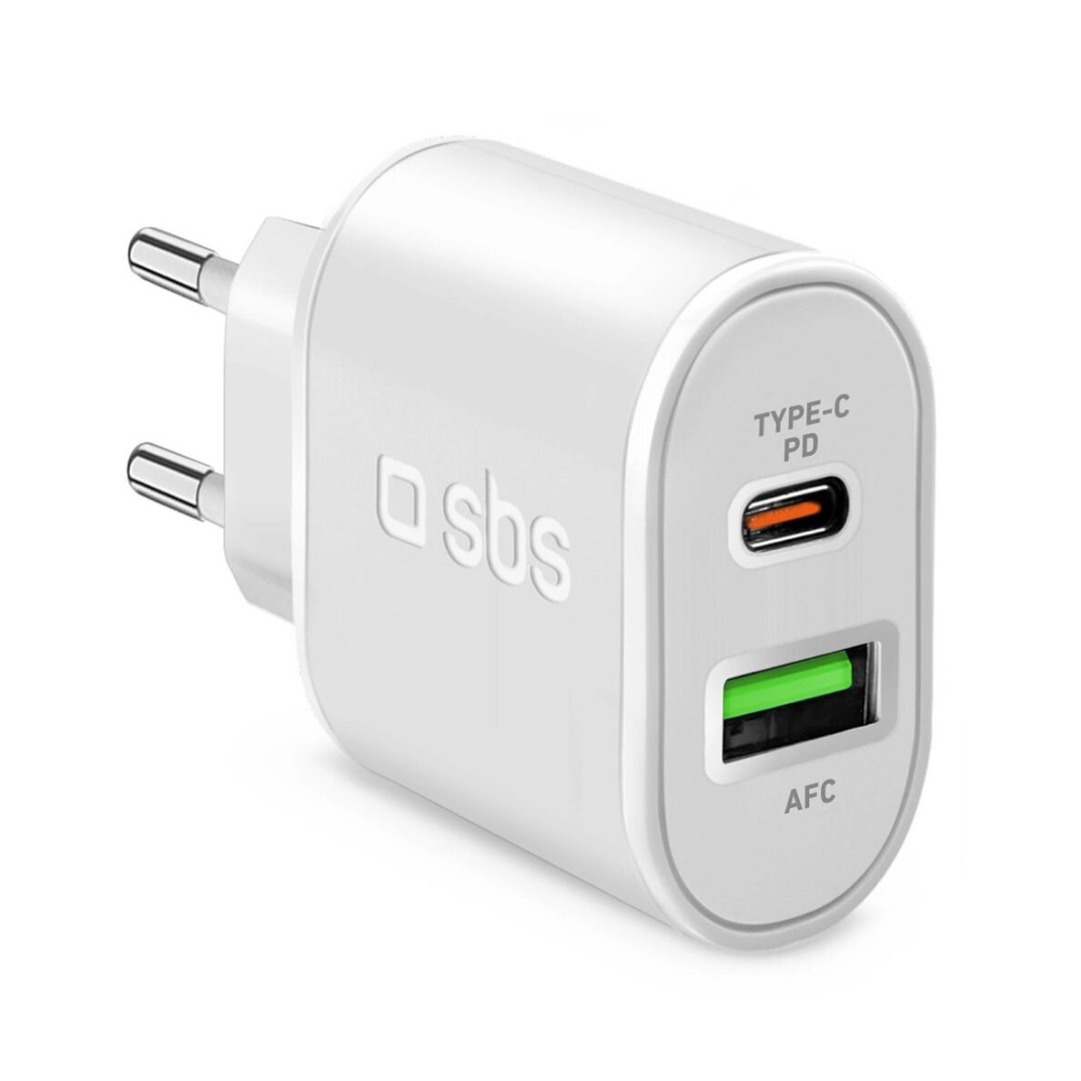 Sieninis įkroviklis SBS TETRPD20W 20W USB-A / USB-C su Power Delivery – baltas Sieninis įkroviklis SBS TETRPD20W 20W USB-A / USB-C su Power Delivery – baltas