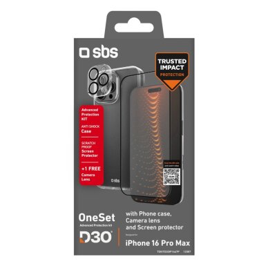 iPhone 16 Pro Max SBS D3O rinkinys – dėklas + ekrano ir kameros apsauginis stiklas – skaidrus 1