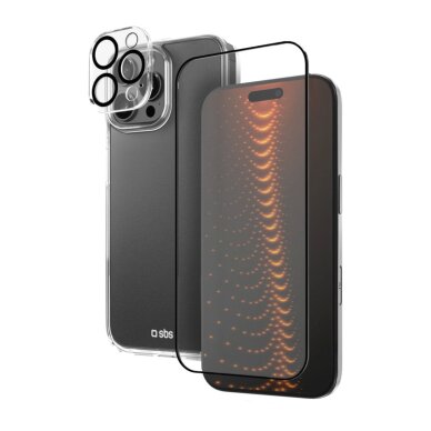 iPhone 16 Pro Max SBS D3O rinkinys – dėklas + ekrano ir kameros apsauginis stiklas – skaidrus