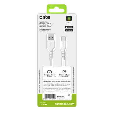 Krovimo kabelis SBS TECABLEMICROC15W USB-A - USB-C 1.5m – baltas 1