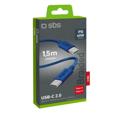 Krovimo kabelis SBS TECABLETISSUETCCB USB-C - USB-C 1.5m 60W pintas – mėlynas 1