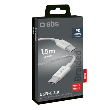 Krovimo kabelis SBS TECABLETISSUETCCG USB-C - USB-C 1.5m 60W pintas – pilkas 1 Krovimo kabelis SBS TECABLETISSUETCCG USB-C - USB-C 1.5m 60W pintas – pilkas 1