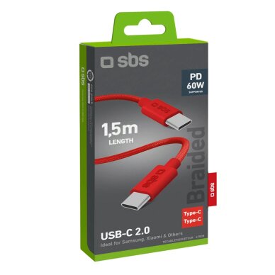 Krovimo kabelis SBS TECABLETISSUETCCR USB-C - USB-C 1.5m 60W pintas – raudonas 1