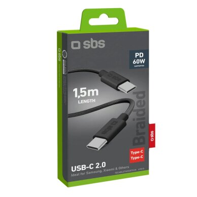 Krovimo kabelis SBS TECABLETISSUETCK USB-C - USB-C 1.5m 60W pintas – juodas 1