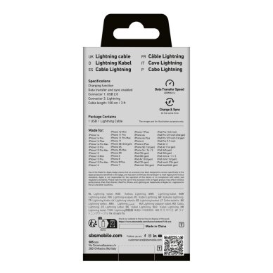 Krovimo kabelis SBS TECABLEUSBIP589W USB-A - Lightning – baltas 2