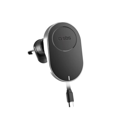 Telefono laikiklis SBS TESUPP15WRETRACABL su belaidžiu įkrovikliu ir ištraukiamu laidu, suderinamas su MagSafe – juodas