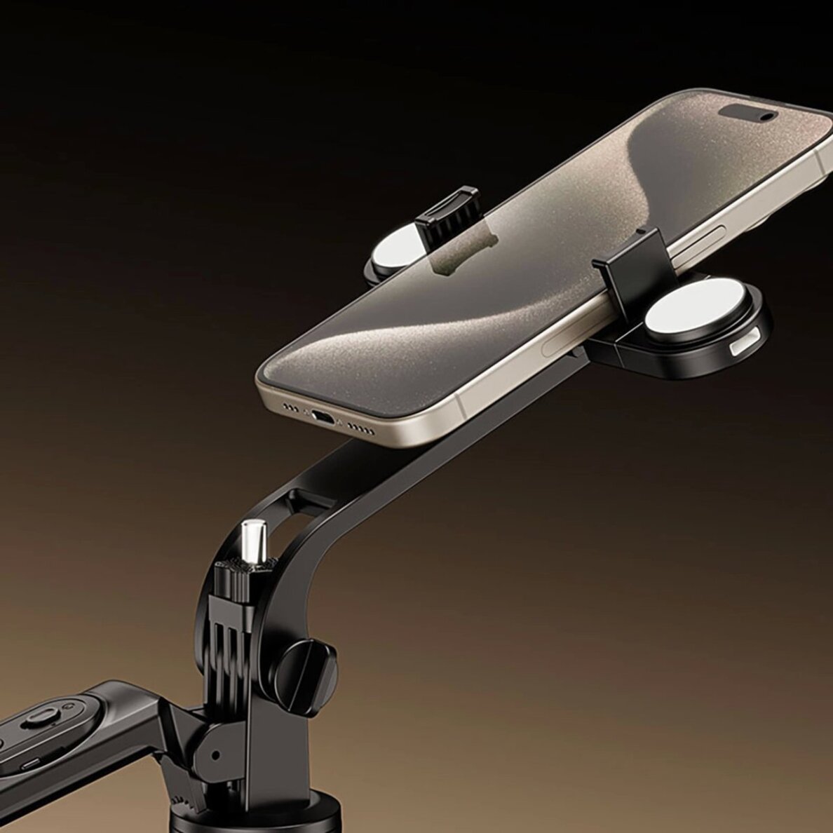 Selfie lazda WH181D-Y1S aliuminio teleskopinė 1.75m su dviguba lempa ir telefono laikikliu – juoda 9