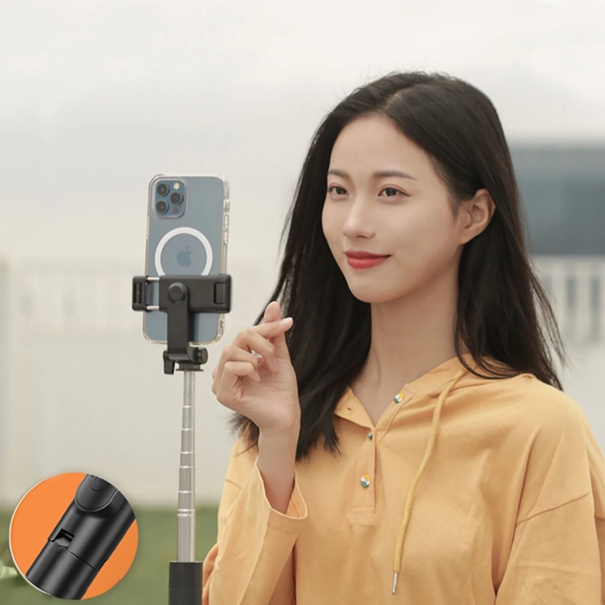 Selfie lazda WHS1Y teleskopinė 1m su telefono laikikliu – juoda 13