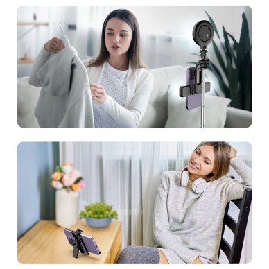 Selfie lazda WC13YDS teleskopinė 1.3m su dviguba lempa ir telefono laikikliu – juoda 17