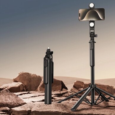 Selfie lazda WH181D-Y1S aliuminio teleskopinė 1.75m su dviguba lempa ir telefono laikikliu – juoda 2