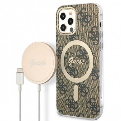 Dėklas su  pakrovėju Set Guess 4G Print MagSafe GUBPP12MH4EACSW iPhone 12/12 Pro Rudas