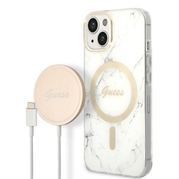 Dėklas su pakrovėju Set Guess Marble MagSafe GUBPP14MHMEACSH iPhone 14 Plus Baltas Dėklas su pakrovėju Set Guess Marble MagSafe GUBPP14MHMEACSH iPhone 14 Plus Baltas