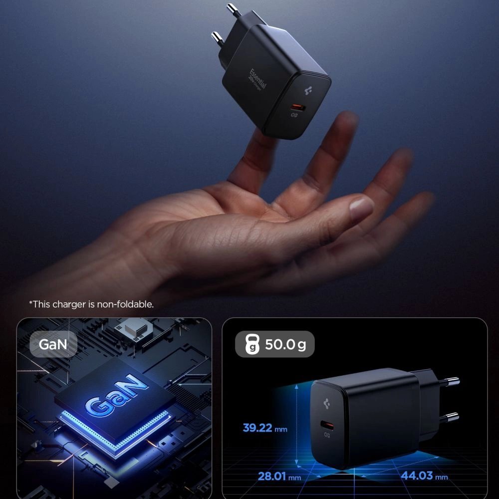 Sieninis įkroviklis Spigen Essential EE201EU USB-C 20W – juodas 2 Sieninis įkroviklis Spigen Essential EE201EU USB-C 20W – juodas 2