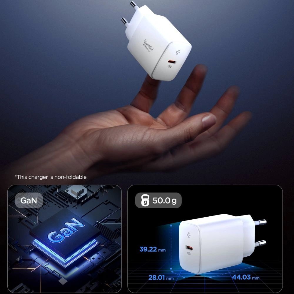 Sieninis įkroviklis Spigen Essential EE201EU USB-C 20W – baltas 2 Sieninis įkroviklis Spigen Essential EE201EU USB-C 20W – baltas 2