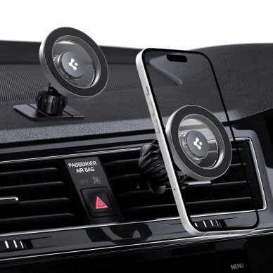 Automobilinis laikiklis Spigen MFT13 su MagSafe prietaisų skydeliui arba vėdinimo angai – sidabrinis 4