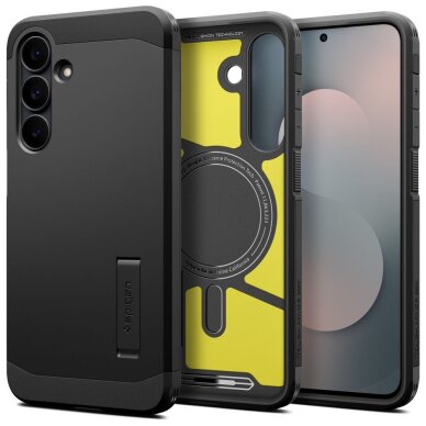 Samsung Galaxy S25 FE Spigen Tough Armor Mag MagSafe dėklas – juodas ir geltonas Samsung Galaxy S25 FE Spigen Tough Armor Mag MagSafe dėklas – juodas ir geltonas