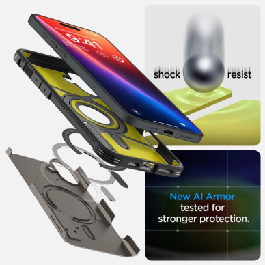 Spigen Tough Armor MagSafe Dėklas su stoveliu skirtas iPhone 16 - gunmetal 11