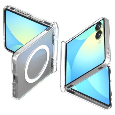 Samsung Galaxy Z Flip 7 dėklas Spigen Ultra Hybrid Pro Mag, MagSafe – skaidrus su baltu